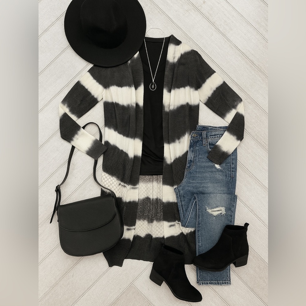 Belldini Women’s Black White Striped Ombre Longline Open Knit Cardigan Sweater M